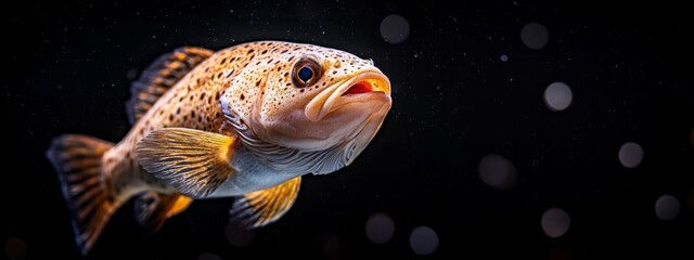 Wall Mural -  A tight shot of a fish against a black backdrop, its mouth emitting minuscule orbs of light