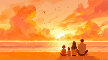 A family enjoys serene sunset by beach, capturing moment of togetherness and tranquility. warm colors evoke feelings of peace and happiness.