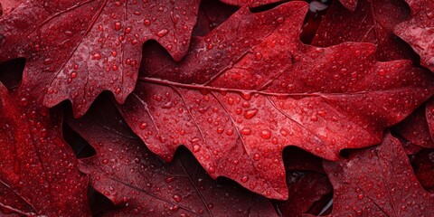 Highresolution closeup detailed photorealistic illustration of fallen autumn leaves sharp edges rich textures dewdrops visible deep orange and red tones