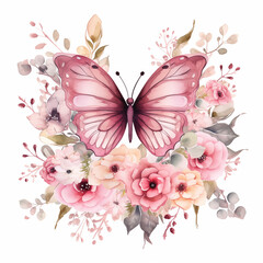 Wall Mural - Elegant pink butterfly resting on delicate floral arrangement of soft petals
