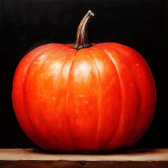 Highcontrast detailed photorealistic illustration of a ripe pumpkin on a wooden table sharp textures natural light deep orange and brown tones