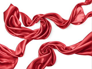 Flying red silk fabric. Waving satin cloth isolated on white background.