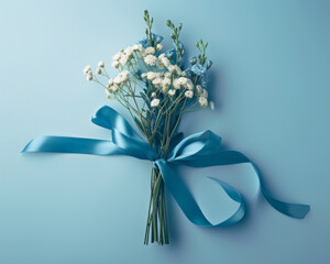 Wall Mural - A bouquet of flowers is tied with a blue ribbon