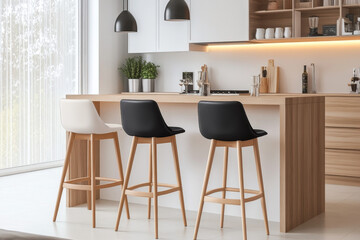 Five barstools in different colors in a white kitchen with wood island, modern style, black leather cushions, light wooden legs, and natural lighting.