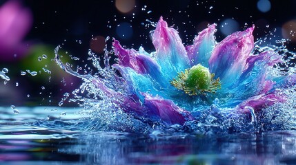 Wall Mural -   Blue-pink flower with water splashing from the center and droplets on the surface