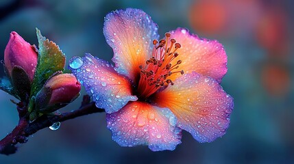 Wall Mural -   A flower in focus on a branch with water drops on its petals against a soft blur