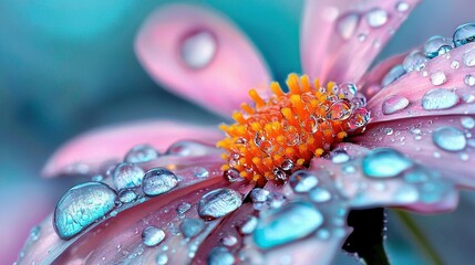 Wall Mural -   Pink flower in close-up with water droplets on petals against green backdrop and blue sky