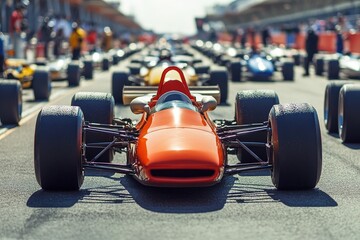 Classic orange race car on starting grid, vintage motorsport.