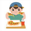 © yatate - little boy eats a slice of pizza. Unhealthy fast food concept for kids.