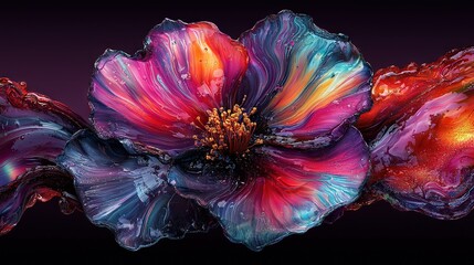 Wall Mural -   A zoomed-in photo of a vibrant flower against a dark backdrop, featuring shades of red and blue