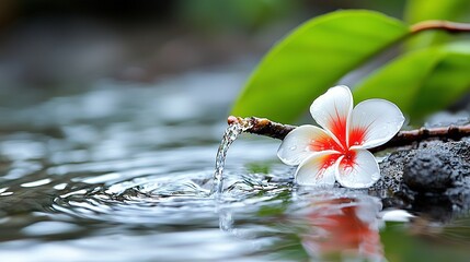 Wall Mural -   White and red flower on rock amidst green water