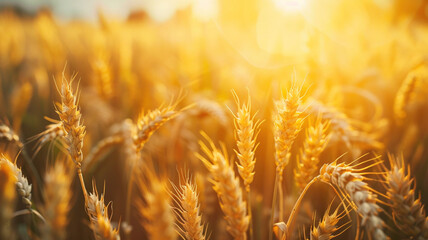 Close-up of golden wheat field with sun shine at the end. Beautiful nature background. Autumn harvest season. Agriculture and farming concept