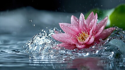  A pink water lily floats atop a serene body of water, adorned with a verdant leaf beside it