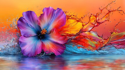 Wall Mural -   A close-up of a blooming flower with droplets of water splashing onto it, set against a vivid orange and blue sky