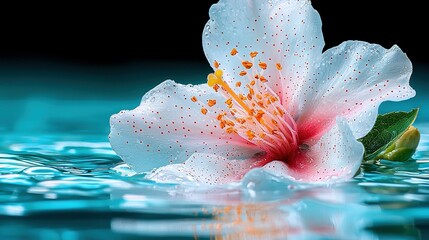 Poster -   A white blossom bobbing atop azure waves, surrounded by splashing droplets, while a emerald foliage protrudes from its core