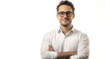 A man in a white shirt and black glasses, with his arms crossed, looks at the camera with a gentle smile.