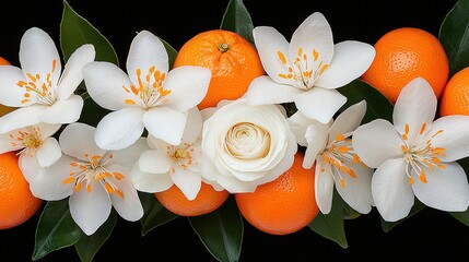 Wall Mural -   A cluster of oranges surrounded by white blossoms and vibrant foliage against a dark backdrop, with oranges prominently displayed in the front