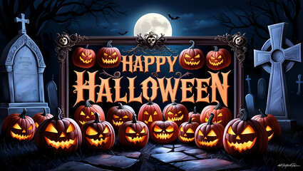 Sticker - Happy Halloween Typography With Pumpkins Background