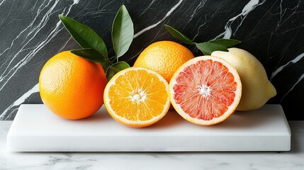 Wall Mural -  Grapefruit and orange halves arranged on a marble surface with a cutting board