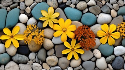 Wall Mural - Large yellow flowers on the pebbles