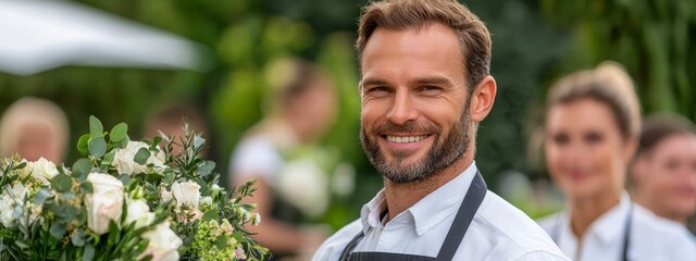  A bearded man in suspenders presents a bouquet to a gathering of people