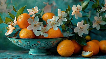 Sticker -   A bowl of oranges rests on a table alongside a cluster of oranges