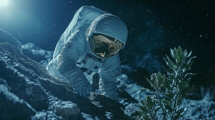 Wall Mural - astronaut exploring on the moon, light mode, 80mm lens, color grading, extreme close-up, bokeh, landscape, professional photograph, AI Generative