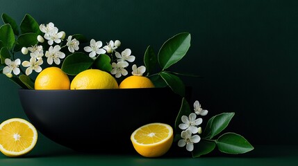 Wall Mural -   A bowl of lemons and oranges in a black bowl sits beside a bouquet of white flowers on a lush green background