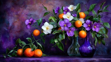 Wall Mural -   A painting of vibrant purples and whites featuring orange arrangements in a purple vase with purple and white floral accents