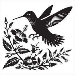  Rufous hummingbird silhouette - Hummingbird Bird Clipart - Rufous hummingbird landing on a flower illustration in black and white