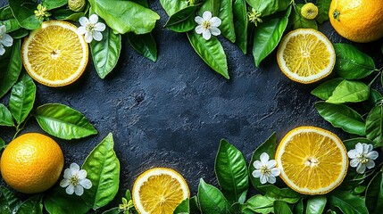 Wall Mural -   Orange ornament with foliage and blooms on dark backdrop