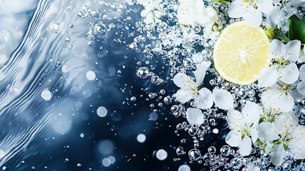 Wall Mural -   A lemon sits atop a white blossom beside water's surface with rippling bubbles