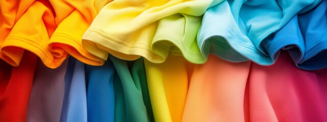 Wall Mural -  A tight shot of a rainbow-hued T-shirt, displaying various shades of each rainbow color identical to the garment