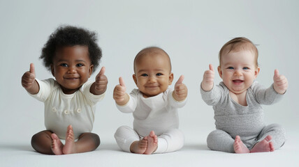 Modern design, positive attitude concept. Children baby toddlers hands show thumbs up, class, like. Gesture isolated on white background