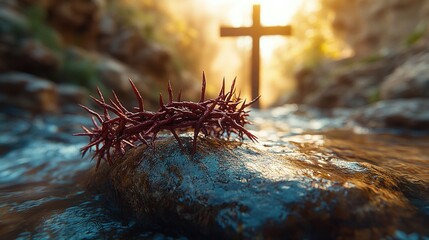 Close-up of a crown of thorns resting on a rugged stone rock with a blurred wooden cross in the background. symbolizing the crucifixion of Jesus Christianity Bible gospel, Easter, suffering, pain. AI