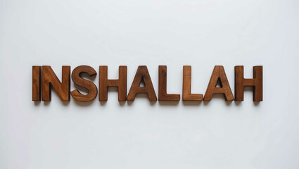 inshallah word brown wood letters on plain white background