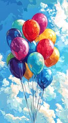 Vibrant cluster of colorful balloons floating against a bright blue sky with fluffy white clouds, capturing a cheerful and festive mood.