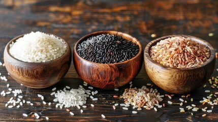 Different colored grains in three wooden bowls.