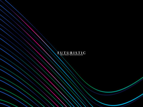 Futuristic abstract technology shining rainbow light lines on black background modern wave line pattern. Vector minimal line background with text for social media covers, headers, etc.