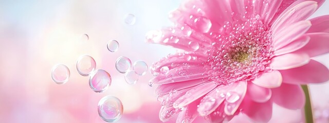 Wall Mural -  Close-up of a pink flower with dewdrops on petals against a blue backdrop