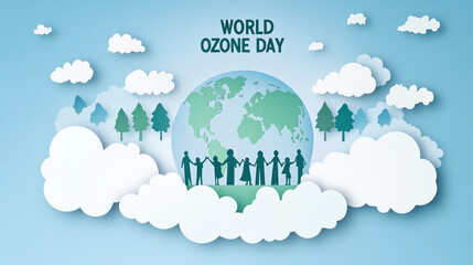 World Ozone Day poster, with trees and clouds surrounding the Earth 