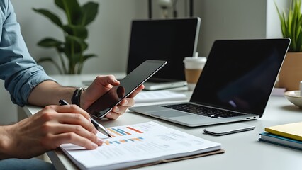 Wall Mural - Close-up of professionals collaborating with a tablet and laptop in a modern office. The scene includes a coffee cup, eyeglasses, and documents, highlighting a productive work environment.