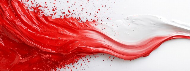 Wall Mural -  A tight shot of a red-and-white wave, adorned with splatters of red and white paint on its side