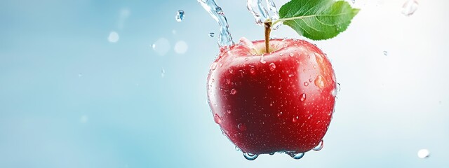 Wall Mural -  A red apple hovers above the water's surface, its green leaf tip touching the air Water splashes around it