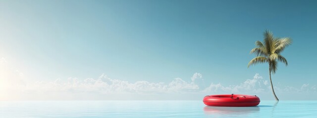 Wall Mural -  A red raft floats atop a body of water A palm tree stands on its opposite shore