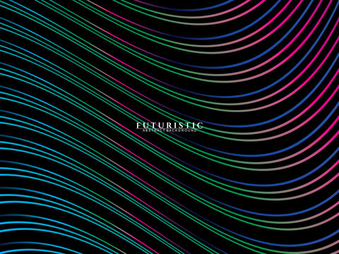 Futuristic abstract technology shining rainbow light lines on black background modern wave line pattern. Vector minimal line background with text for social media covers, headers, etc.