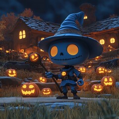 Poster - Cute Skeleton Character in a Witch Hat Standing Among Jack-o'-Lanterns in a Spooky Autumn Scene