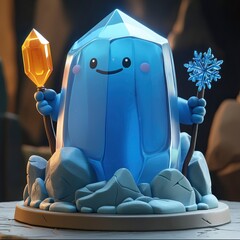 Sticker - Cute Blue Crystal Character with Golden Staff and Snowflake