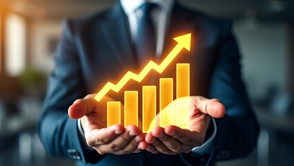 Wall Mural - a business professional in a suit presents a glowing holographic growth chart with upward arrows, sy
