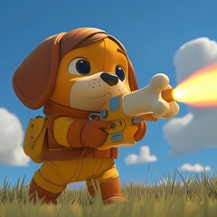 Wall Mural - Cartoon Dog in Space Suit Holding Bone Gun